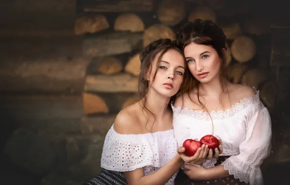 Картинка девушки, настроение, яблоки, две девушки, блузки, Krzysztof Maria Slowinski