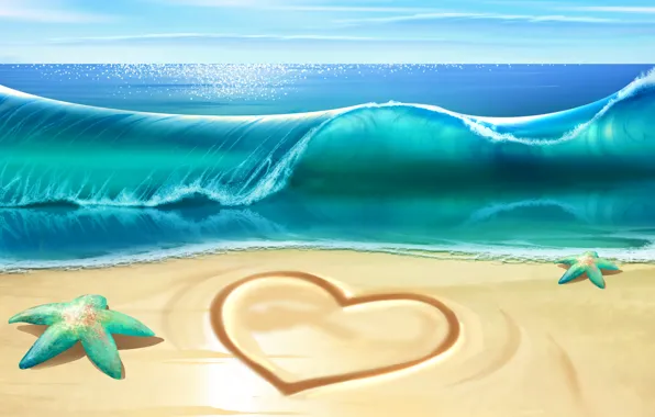 Картинка море, волны, пляж, сердце, waves, морская звезда, beach, sea
