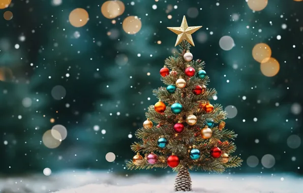Зима, снег, украшения, шары, елка, Новый Год, Рождество, new year