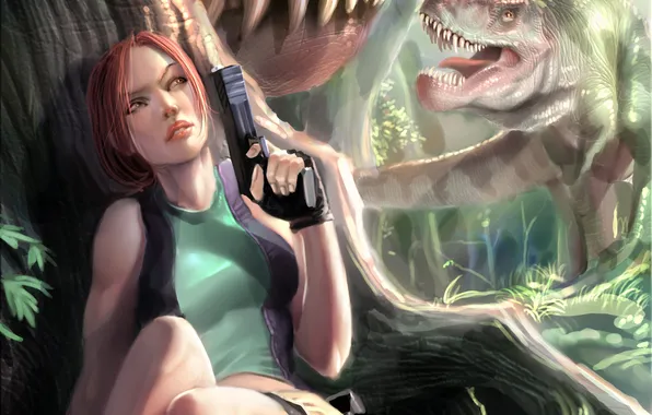 Картинка корни, пистолет, дерево, джунгли, динозавры, Tomb Raider, Lara Croft