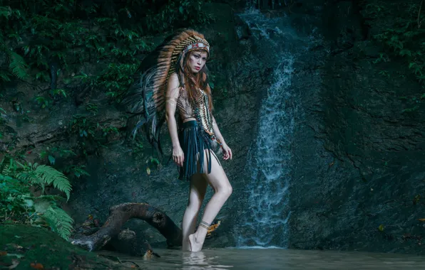 Картинка девушка, природа, стиль, перья, головной убор