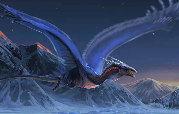 Картинка горы, дракон, крылья, полёт