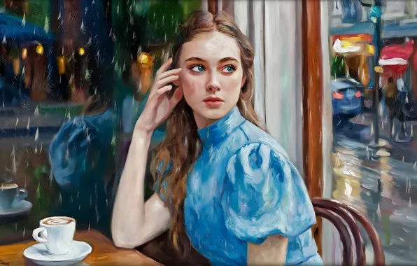 Девушка, город, поза, отражение, кофе, рука, портрет, чашка