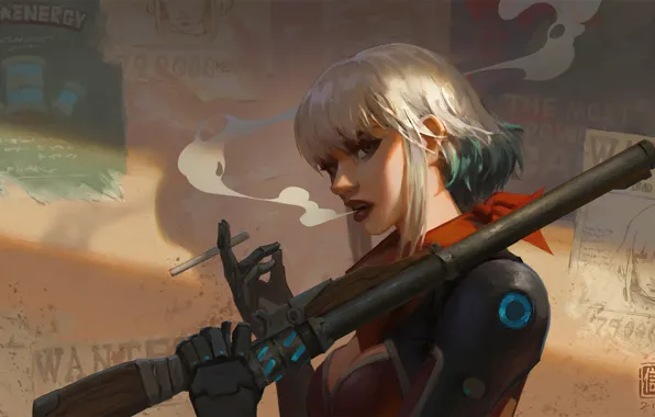 Girl, gun, Kan Liu, smoking girl