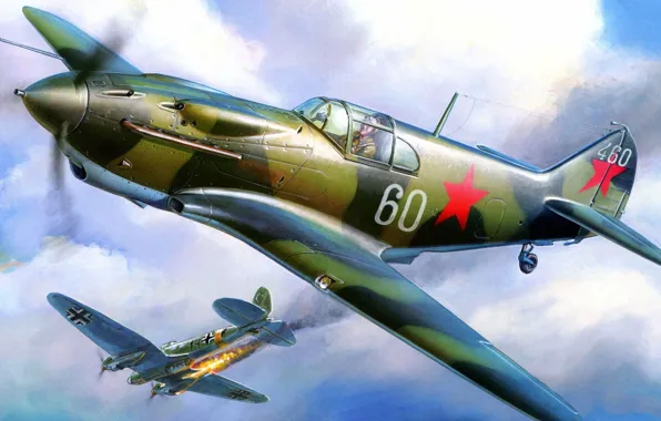 Картинка огонь, война, истребитель, бомбардировщик, Лавочкин-Горбунов-Гудков, ЛаГГ-3, подбит, He 111