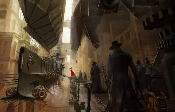 Fantasy, airship, people, gears, weapons, digital art, shotgun, buildings