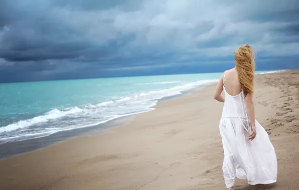 Море, волны, пляж, девушка, одиночество, белое, платье, Alone girl