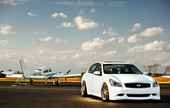 Nissan, white, самолёт, ниссан, Skyline, взлётная полоса, скайлайн. белый, V36