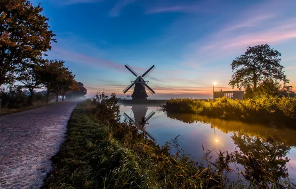 Туман, утро, мельница, канал, Нидерланды, Голландия