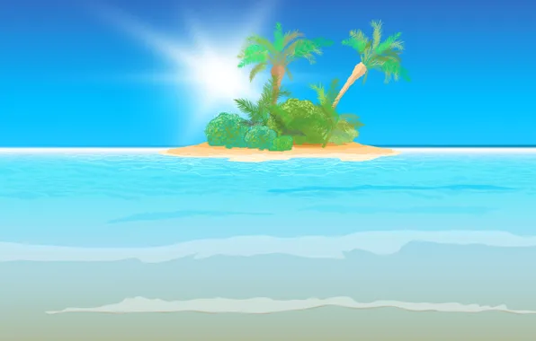 Картинка море, волны, пальмы, остров, waves, sea, солнечные лучи, island