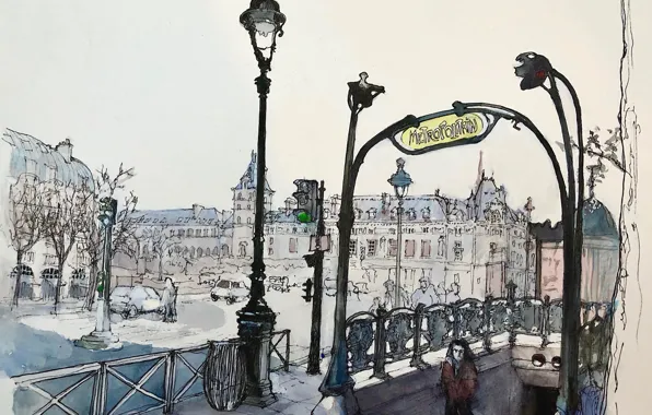 Метро, рисунок, Париж, акварель, городской пейзаж, бульвар Сен-Мишель