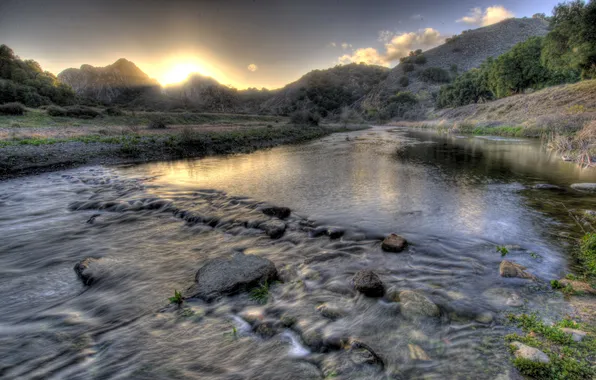 Пейзаж, закат, природа, река, рассвет, HDR, США, Malibu