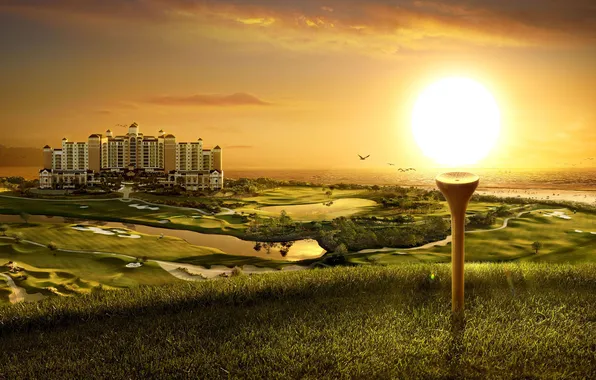 Картинка трава, солнце, здание, поля, озера, особняк, гольф