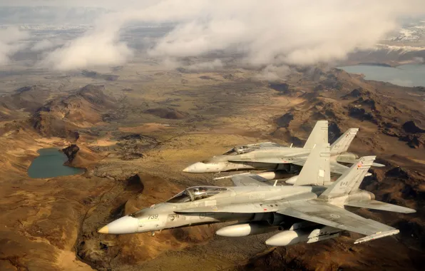 Пейзаж, истребители, полёт, Исландия, Hornet, CF-18