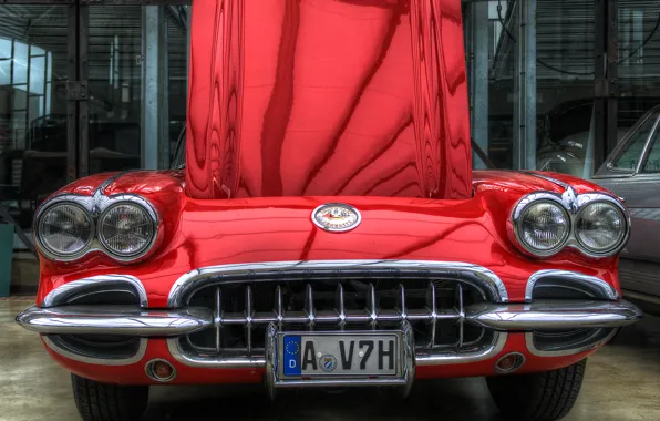 Картинка car, красный, фары, капот, решетка, hdr, red, corvette