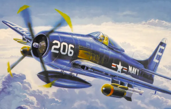 Fighter, war, art, airplane, painting, aviation, attacker, F8F Bearcat