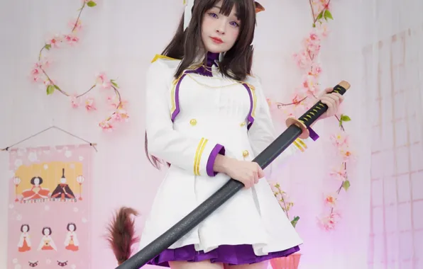 Girl, sword, thighhighs, horns, long hair, dress, animal ears, beautiful