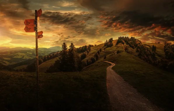 Картинка небо, деревья, пейзаж, закат, горы, холмы, табличка, Швейцария