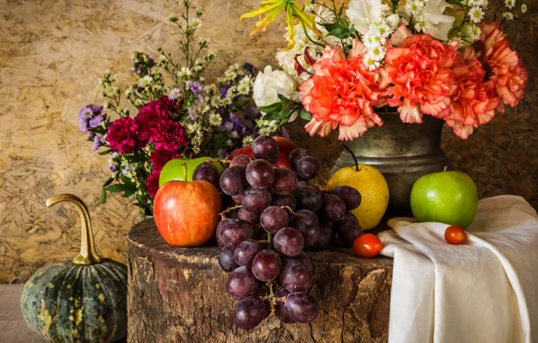 Цветы, яблоки, букет, виноград, ваза, фрукты, натюрморт, flowers