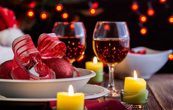 Картинка вино, шары, бокал, новый год, свечи, гирлянда, боке, New Year