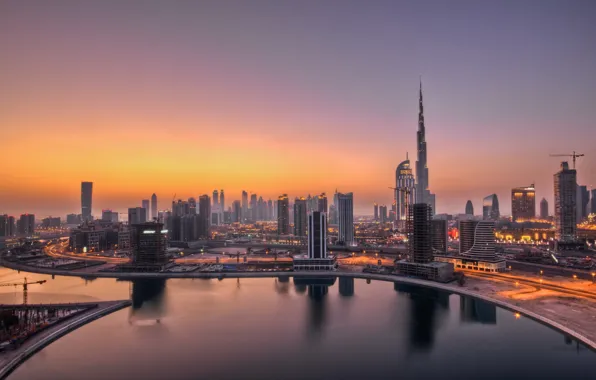 Картинка огни, рассвет, Дубаи, ОАЭ
