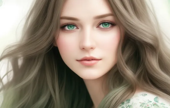 Девушка, зеленый, серый, green, женщина, рисунок, красота, акварель
