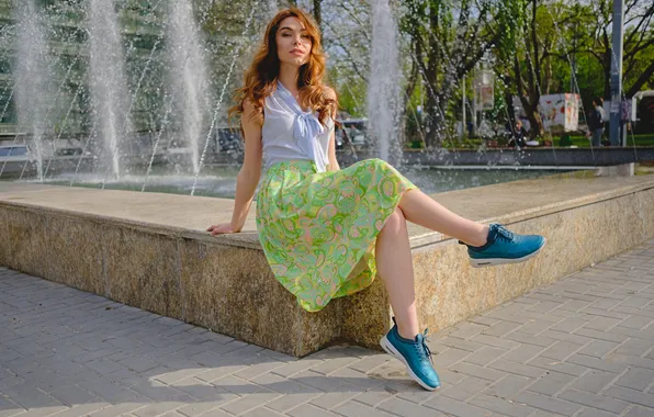 Woman, beautiful, sitting, fountain