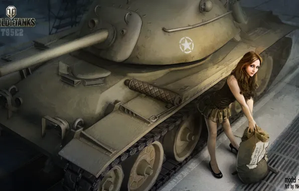 Картинка девушка, ангар, танк, girl, танки, WoT, Мир танков, tank