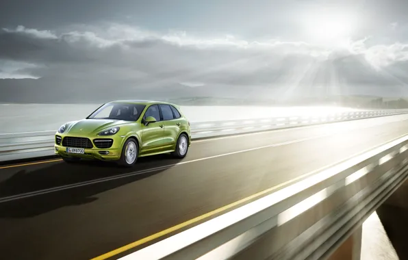 Дорога, скорость, Porsche, джип, зелёный, Porsche Cayenne
