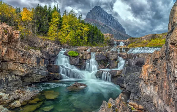 Горы, река, водопад, United States, Montana, Swiftcurrent Falls, Swiftcurrent