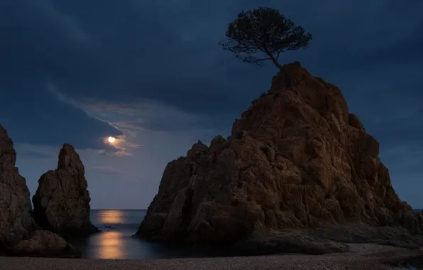 Картинка ночь, лунный свет, Испания, Коста Брава, Тосса-де-Мар