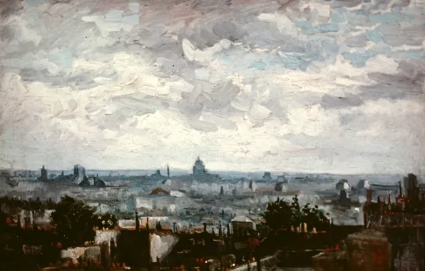 Картинка Vincent van Gogh, View of the Roofs of Paris, вид города