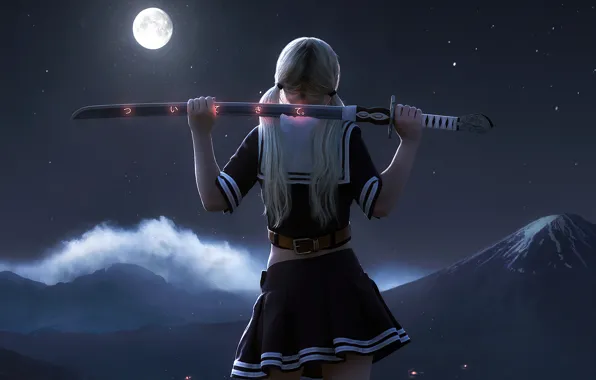 Girl, moon, babydoll, night, miniskirt, White hair, 3d girl, samurai sword