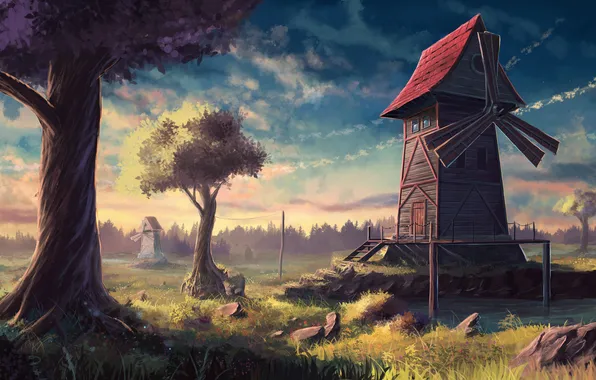 Картинка трава, деревья, камни, арт, мельницы, нарисованный пейзаж