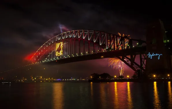 Картинка ночь, мост, город, река, фото, салют, Австралия, Сидней