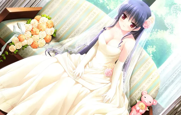 Картинка цветы, улыбка, комната, Девушка, фата, свадебное платье, Natsu no Arashi! Akinai-chuu, Летняя буря! Открыто круглый …