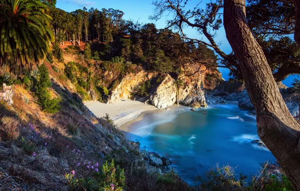 Картинка пляж, пейзаж, океан, рассвет, водопад, Калифорния