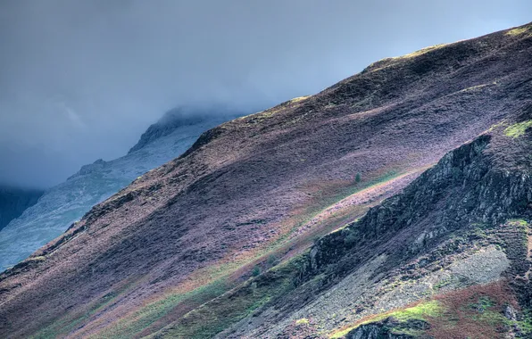 Картинка небо, трава, облака, горы, склон, шотландия