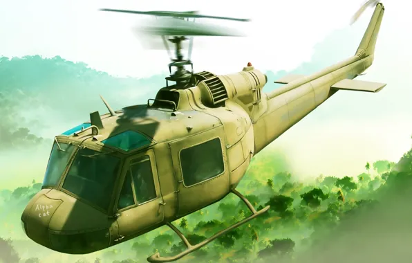 Картинка рисунок, вертолет, американский, многоцелевой, Bell, UH-1, Iroquois, Ирокез