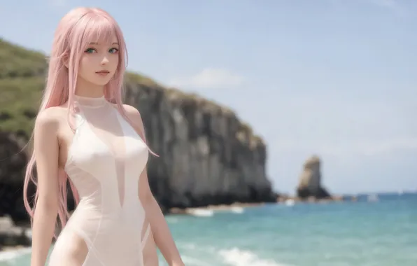 Girl, fantasy, Lingerie, pink hair, coast, art, fantasy girl, Stable Diffusion