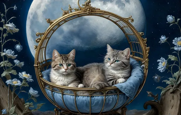 Кошка, взгляд, цветы, ночь, поза, котенок, луна, голубые