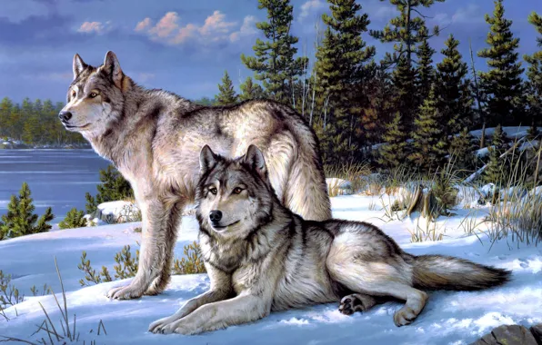 Картинка зима, лес, волки, Joseph Hautman