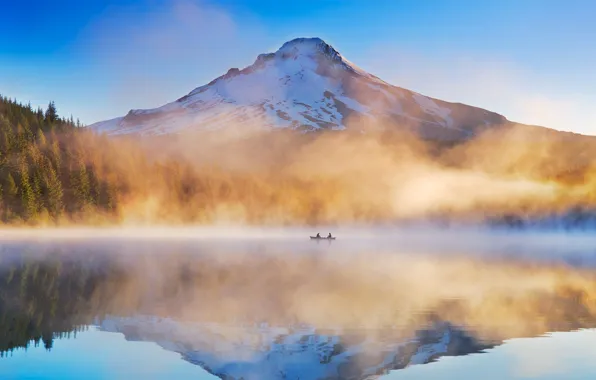 Туман, озеро, лодка, Орегон, США, Триллиум, Mount Hood National Forest