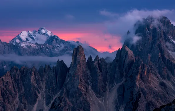 Закат, горы, вершины, Италия, Italy, Доломитовые Альпы, Veneto, Dolomites