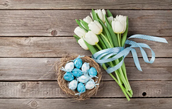 Картинка цветы, яйца, весна, Пасха, white, happy, wood, blue