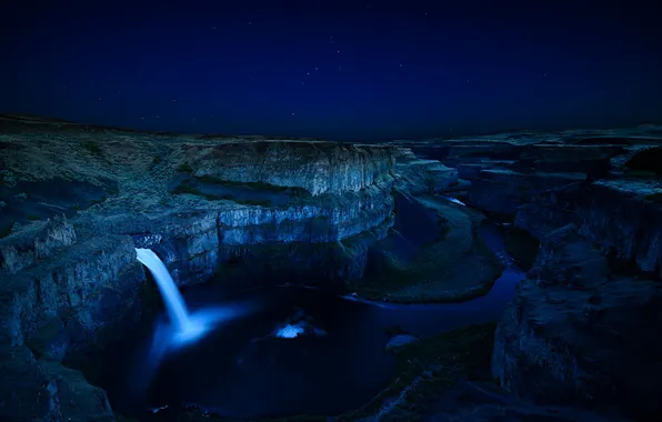 Картинка небо, звезды, ночь, природа, река, водопад, каньон