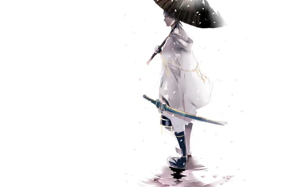 Картинка снег, катана, зонт, лужа, белый фон, парень, белый плащ, Touken Ranbu