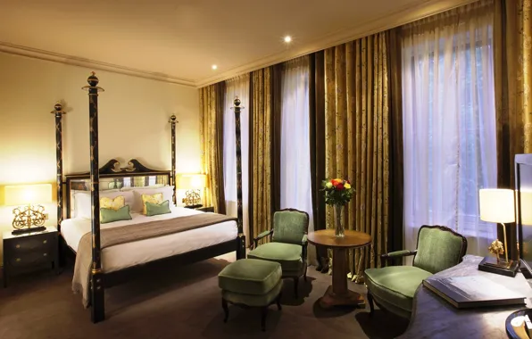 Цветы, дизайн, стиль, комната, темно-зеленый, цвет, лампа, кровать