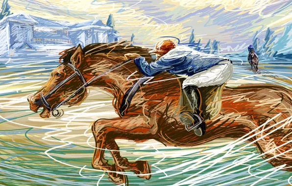 Картинка лошадь, рисунок, скорость, вектор, жокей, штрих, аллюр, ипподром