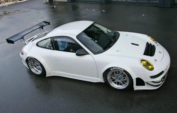 Белый, улица, спорткар, порше, porsche 911 GT3 RSR